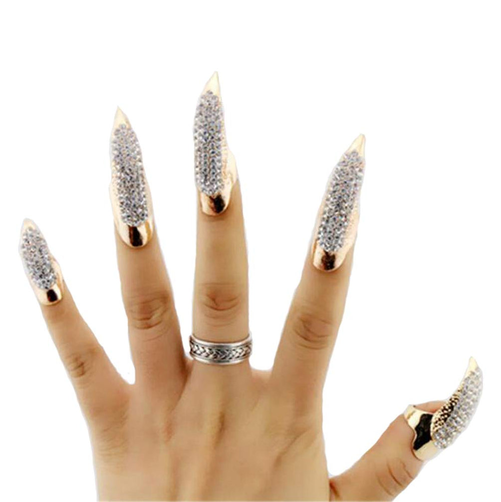 Alloy Rhinestones False Claw Nail Finger Claw Ring Punk Style Fingertip Cool Fake Nails,Gold,5pcs