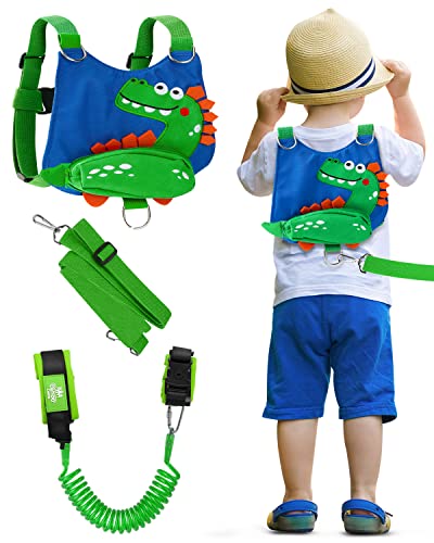 Toddler Leash for Boys, 4-in-1 Toddler Harness with Leash with Anti Lost Wrist Link for Kids, Baby Leash for Walking, Kids Leash Backpack (Dinosaur Blue)