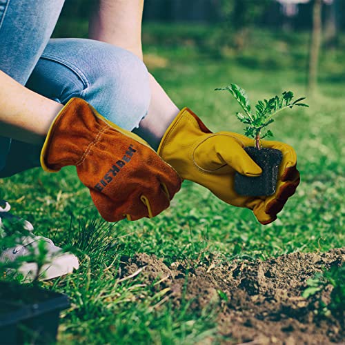 Gardening Gloves, Water Resistant, Abrasion Resistant, Breathable Cowhide Leather Work Gloves