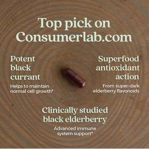 Vegan Elderberry Capsules with 64x Concentrated Black Elderberry + Black Currant for Comprehensive Immune Support, Non-GMO Project Verified, Gluten Free, Certified Vegan, 30 Count