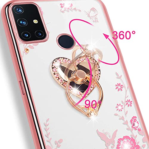 for OnePlus Nord N10 5G Case for Women, Glitter Crystal Butterfly Heart Floral Slim TPU Luxury Bling Cute Girls Cover with Ring Holder Stand+Strap for OnePlus Nord N10 5G (2020)-Rose Gold