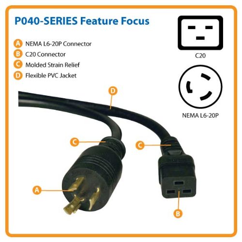 Heavy-Duty Power Cord for PDU and UPS 20A, 12AWG (IEC-320-C19 to NEMA L6-20P) 6-ft.(P040-006) Black