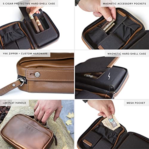 Klaro Travel Leather Cigar Case, 5 Cigar Storage, 2 Accessory Pockets, Humidification Pocket, Internal Hard-Shell Protection - Brown