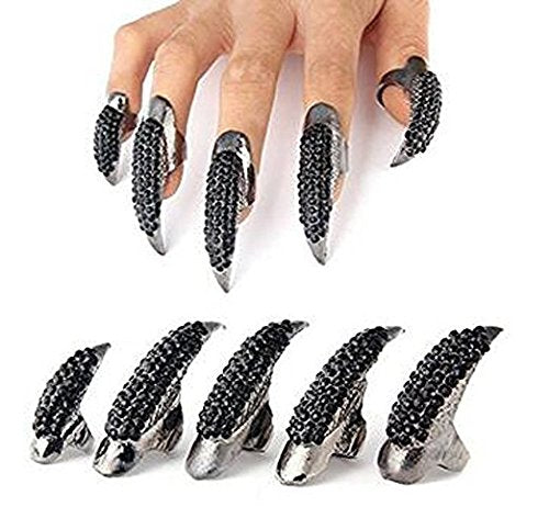 Mens Gothic Full Finger Rings Retro Punk Rock False Nail Finger Claw Eagle Claw Womens Jewelry Alloy Rhinestone Fingertip Claw for Cosplay Party Halloween Activity (5PCS/Black)
