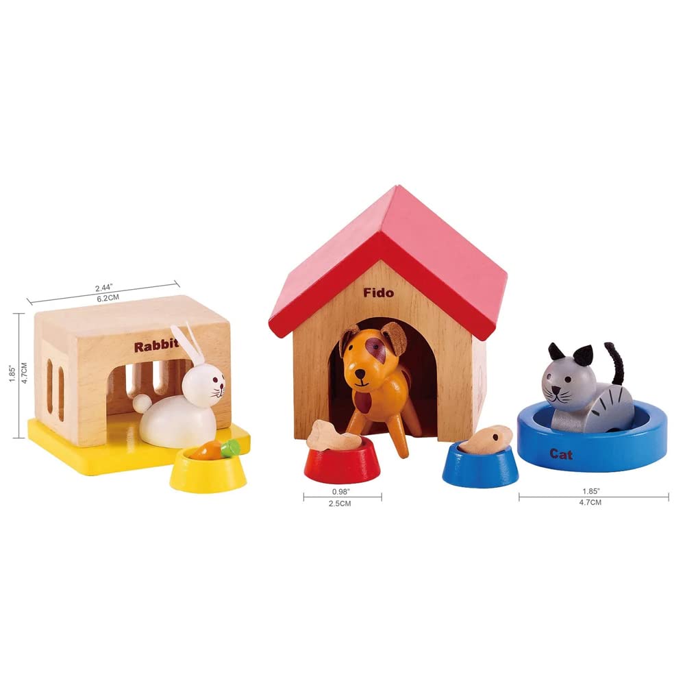 Family Pets Wooden Dollhouse Animal Set | Complete Your Wooden Dolls House with Happy Dog, Cat, Bunny Pet Set with Complimentary Houses and Food Bowls