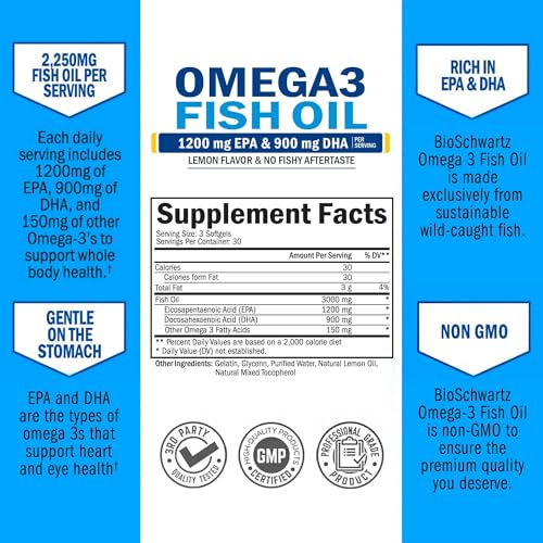Triple Strength Omega 3 Fish Oil Supplement - 2250mg EPA DHA Omega 3 Fatty Acids from Fresh Wild Caught Fish, Burpless Lemon Flavor Formula Supports Eye Health and More, Gluten Free, 90 Softgels