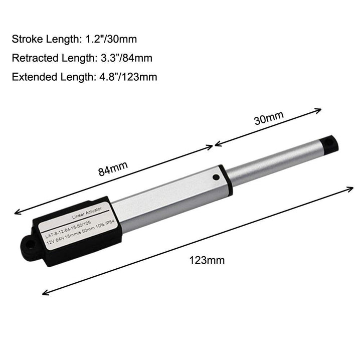 Micro Linear Actuator with Limit Switches 12V DC, 64N, 30mm Stroke 1.2 with Mounting Brackets