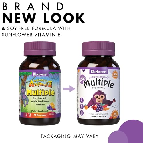 Bluebonnet Nutrition Rainforest Animalz Whole Food Based Multiple Chewable Tablet, Kids Multivitamin & Mineral, Vitamin C, D3, Iron, Gluten Free, Milk Free, Kosher, 180 Chewable Tablets, Mixed Flavor