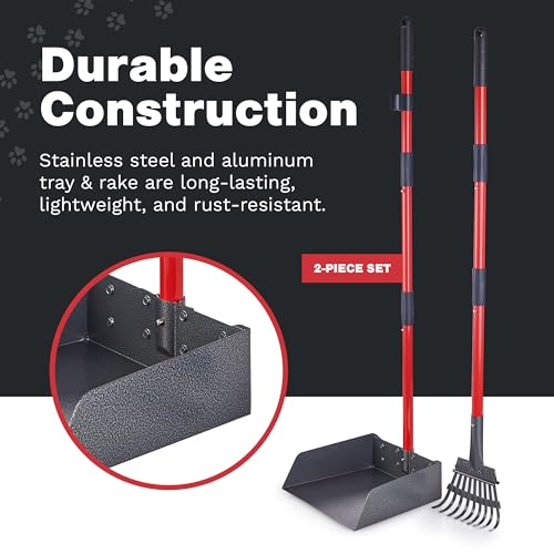Pooper Scooper for Large Dogs, Small Dogs and Horses, Metal Poop Scooper Set with Long Handle Rake and Tray for Yard, Grass, Dirt or Gravel, Heavy Duty Aluminum Poop Picker Upper