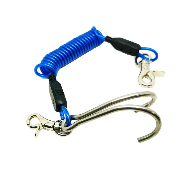 Diving Stainless Steel Reef Double Hook with Spiral Coil Lanyard, Blue