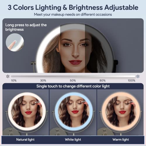 Rechargeable Wall Mounted Lighted Makeup Mirror, 8 Inch Double-Sided LED Vanity Mirror 1X/10X Magnification,3 Color Lights Touch Screen Dimmable 360°Swivel 13 Inch Extendable (Nickel, 10X)