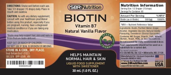 Biotin Liquid Drops, 5000mcg per Serving (60) 1.0Fl.oz (30ml) Vanilla