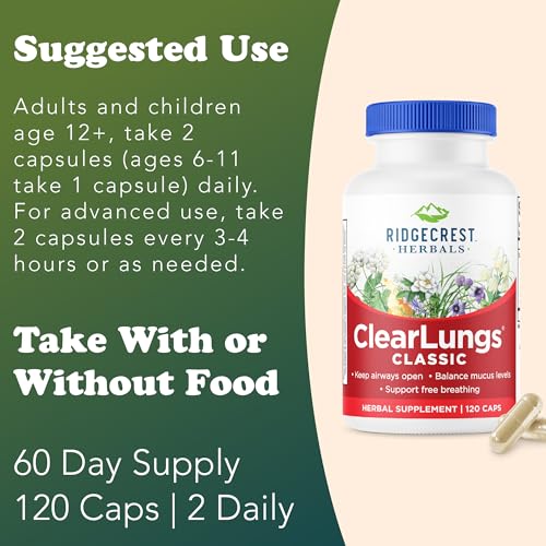 Ridgecrest Herbals ClearLungs Classic, Natural Lung and Nasal Daily Health Supplement for Bronchial, Respiratory, Immune, Sinus, and Mucus Wellness Support, Herbal Formula (120 Caps, 60 Serv)