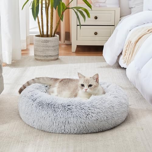 Western Home Faux Fur Original Calming Dog & Cat Bed for Small Medium Large Pets, Indoor Cats, Anti Anxiety Donut Cuddler Round Warm Washable (20, Light Grey)