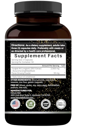 Tongkat Ali 200:1 (Longjack) Extract for Men, 2000mg Per Serving, 150 Capsules, Indonesia Origin, Eurycoma Longifolia | with Panax Ginseng for Energy, Stamina, & Male Health Support