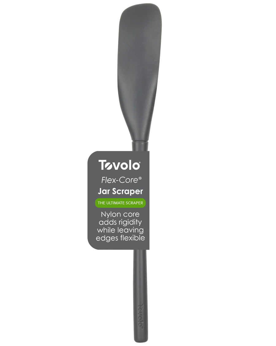 Flex-Core All-Silicone Long-Handled Jar Scraper Spatula, Angled Turner Head, Kitchen Tool With Flat Back & Curved Front for Scooping & Scraping, Charcoal