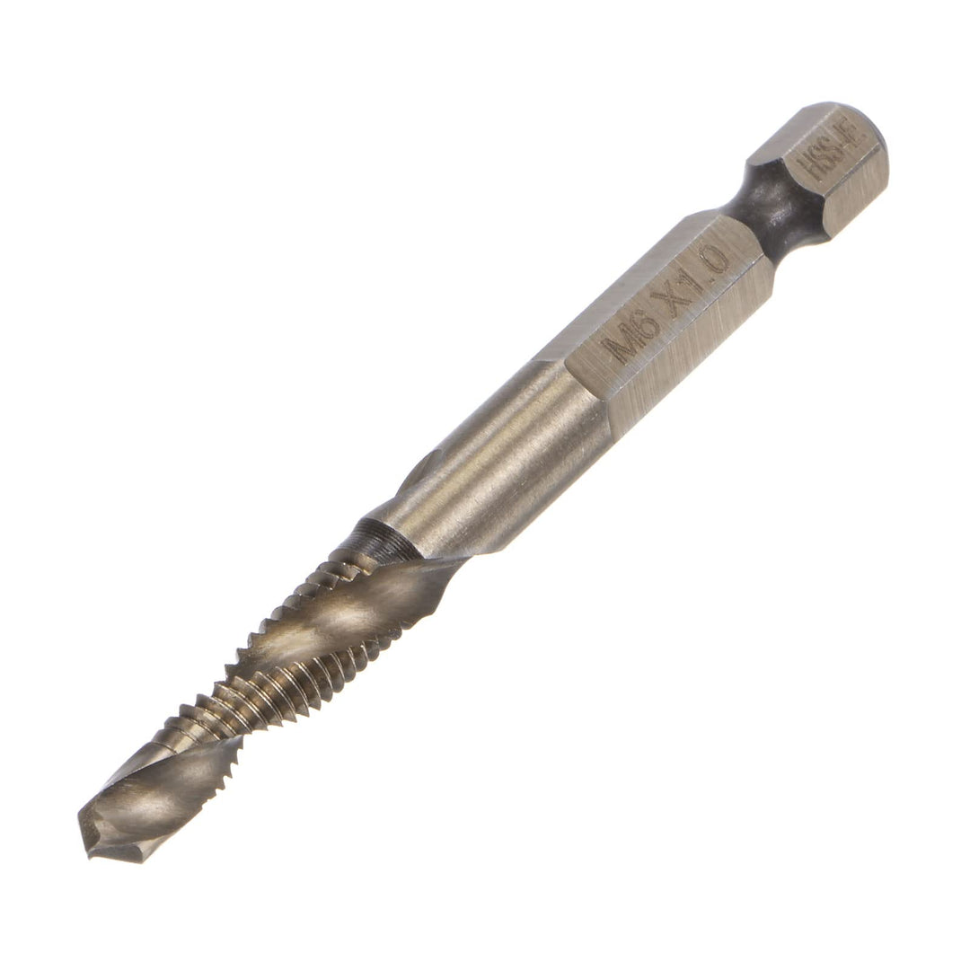 Combination Drill and Tap Bit, 1/4 Hex Shank M6 x 1 Metric Titanium Coated High Speed Steel 6542 Spiral Flute Drilling Tapping Tool