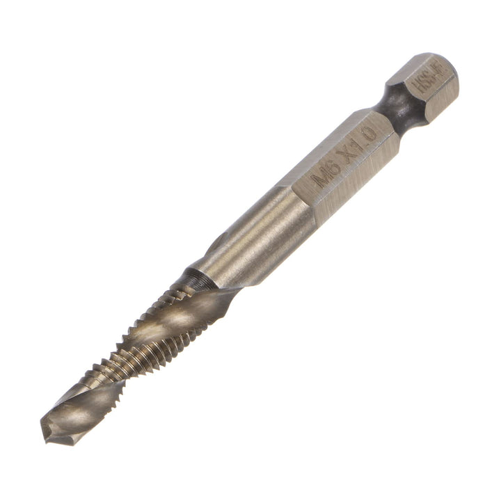 Combination Drill and Tap Bit, 1/4 Hex Shank M6 x 1 Metric Titanium Coated High Speed Steel 6542 Spiral Flute Drilling Tapping Tool