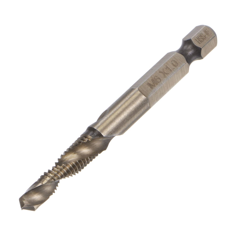 Combination Drill and Tap Bit, 1/4 Hex Shank M6 x 1 Metric Titanium Coated High Speed Steel 6542 Spiral Flute Drilling Tapping Tool