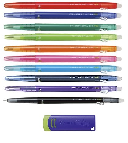 FriXion Ball Slim 038 Retractable Erasable Gel Ink Pen, Extra Fine Point, 0.38mm, 10 Color Set & FriXion Eraser