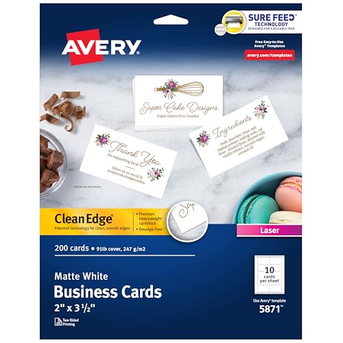 Avery Clean Edge Printable Business Cards with Sure Feed Technology, 2 x 3.5, White, 200 Blank Cards for Laser Printers (5871)