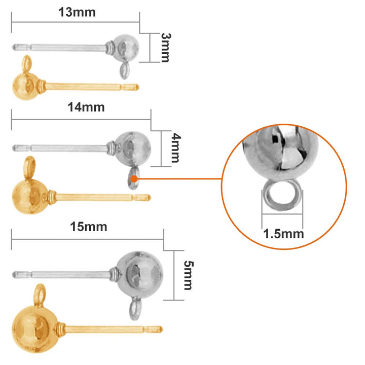 300pcs Ball Earring Studs with 300pcs Rubber Earring Safety Backs,Round Earrings Spherical Earrings Hypoallergenic Ear Pins for DIY Jewelry Earring Making
