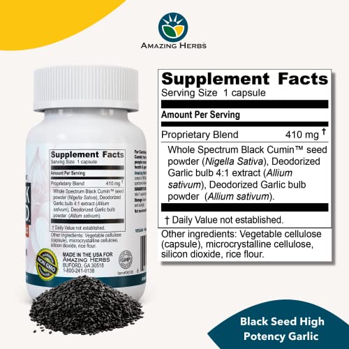Whole Spectrum Black Seed & High Potency Garlic, Vegetarian Capsules - Gluten-Free, Non-GMO, Vegan, Supports Immune System, Lung Function, & Cardiovascular Health - 100 Count