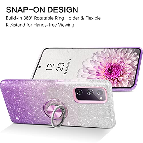 for Galaxy S20 FE Case, Phone Case Samsung S20 FE, Slim Thin Kickstand Ring Holder Car Mount Soft TPU Rubber Bumper Hybrid Hard Drop Protection Shockproof Girls Women Cover, Purple Glitters