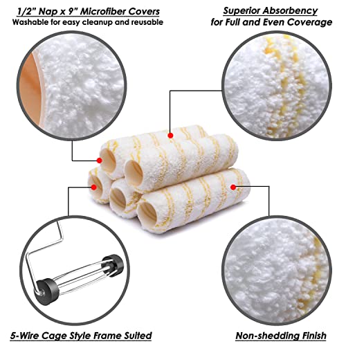 6pcs House Paint Roller Kit, 9 inch Extendable Roller Frame with 5 Microfiber Replacement Covers, Adjustable Painting Roller (18 - 36), Home Painting Supplies for Painting Walls & Ceilings