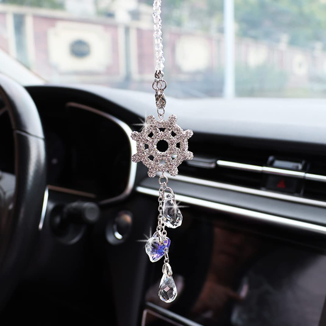 Crystal Bling Car Hanging Accessories Ornament Car Interior Rear View Mirror Pendant Car Charm Sun Catcher, Home Decoration Wall Living Room Hanging Gift for Women (Wheel)