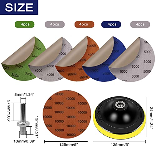20PCS Water Grit Sandpaper 3000/4000/5000/7000/10000 and 5-inch Backing Pad Set, Wet Dry Electric Hook &Loop Sanding Disc with Pad, Grinding Abrasive Paper and Orbital Sander Polisher