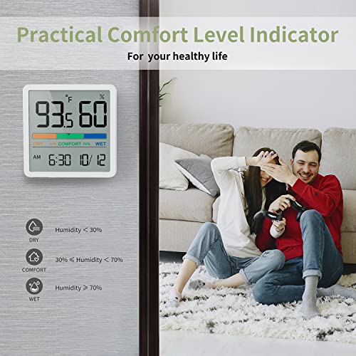 Hygrometer Indoor Thermometer, Desktop Digital Thermometer with Temperature and Humidity Monitor, Accurate Humidity Gauge Room Thermometer with Clock (White)