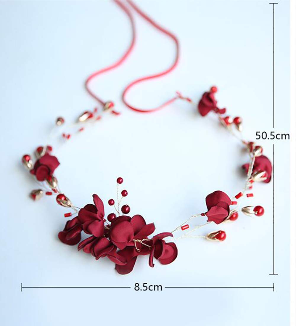 Wedding Bride Floral Red Headband Crystal Gold Hair Vine with Pearl Rhinestone Hair Accessory Boho Delicate Hair Piece Jewelry for Women and Girls