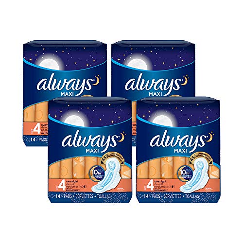 Maxi Size 4 Overnight Pads for Women, with Wings,Unscented, 14 Count - Pack of 4 (56 Count Total)