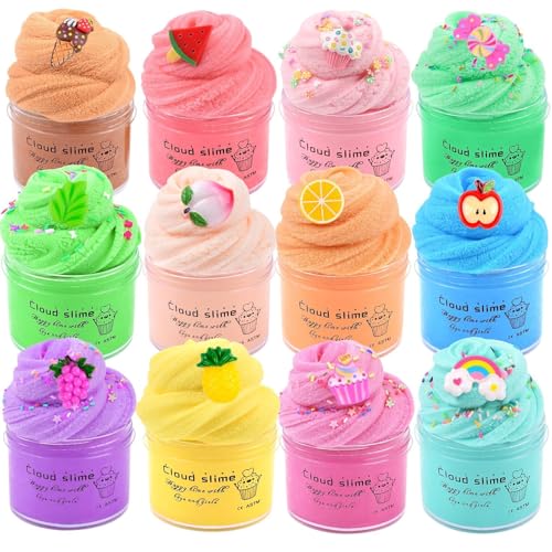 12 Pack Cloud Christmas Slime Kit, with Peach Rainbow Cake Watermelon Grapes Slimes Charms, Fluffy Slime for Girls and Boys, Stress Relief Toy for Kids Education, Party Favor, Gift and Birthday