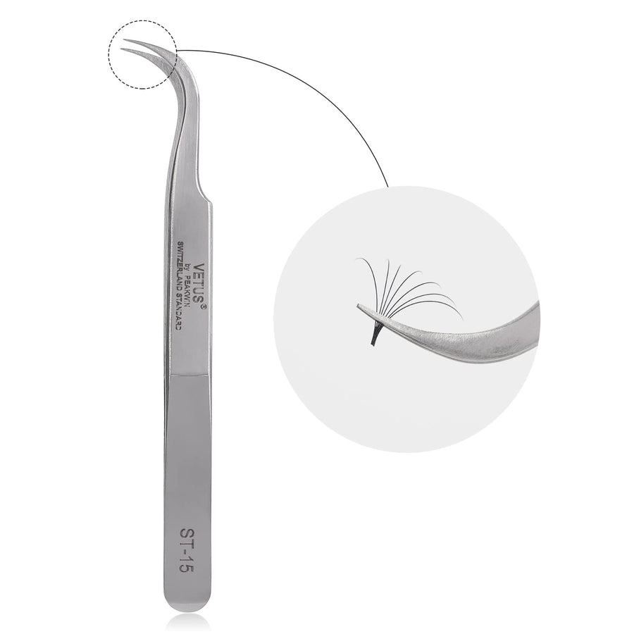 Eyelash Extension Tweezers, Professional Lash Tweezers for Make Fans Volume Lashes, Curved Tip Stainless Steel Tweezers ST-15
