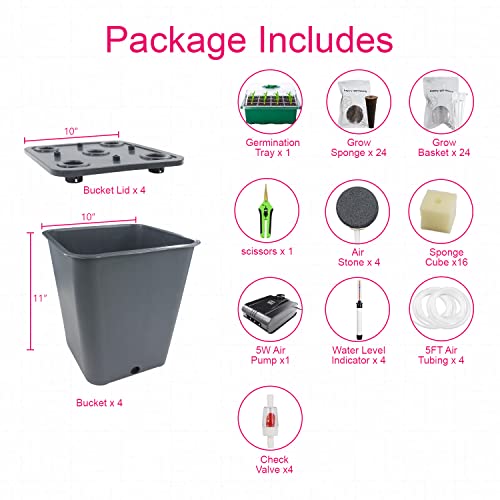 4 Hydroponic Buckets Kit for Plants, Hydroponics Growing System for Herbs/Tomato/Vegetables, DWC System with Air Pump & Germination Tray (Complete Indoor Hydroponic Gardening Supplies)