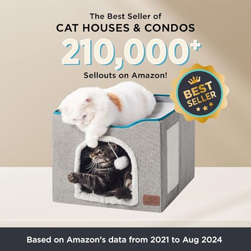 Cat Beds for Indoor Cats - Large Cat Cave for Pet Cat House with Fluffy Ball Hanging and Scratch Pad, Foldable Cat Hideaway,16.5x16.5x13 inches, Grey