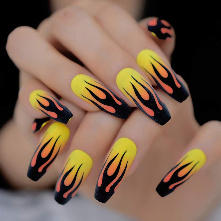 CoolNail Fire Nails Matte Black Yellow Press on False Nails Extra Long Coffin Ballerina Frosted Glue On Fingersnails Free Adhesive Tapes