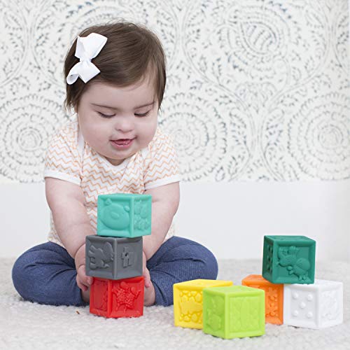 Squeeze and Stack Block Set - Colorful Textured Soft Blocks, Includes Numbers, Animals and Shapes, Ages 6 Months +