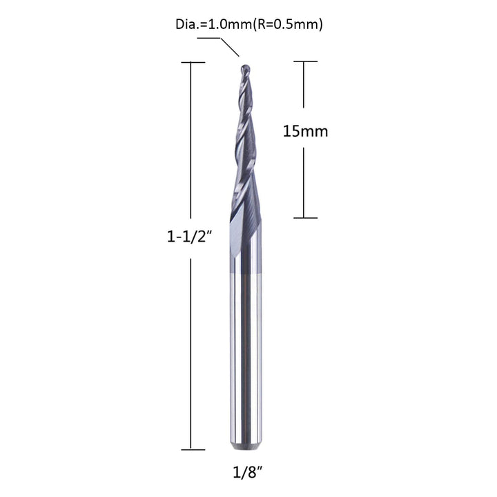 5Pc/Pack Tapered Cone 1/8 End Mills 0.5MM Cutting Radius(1.0mm Diameter) 3D Wood Engrave CNC Router Bits Tools