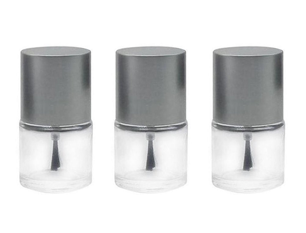 Silver Lid: 5Pcs 10Ml Round Shaped Empty Glass Nail Polish Clear Bottles-Nail Manicure Top Coat Varnish Cosmetic Jars with Cap and Soft Brush (Silver Lid)