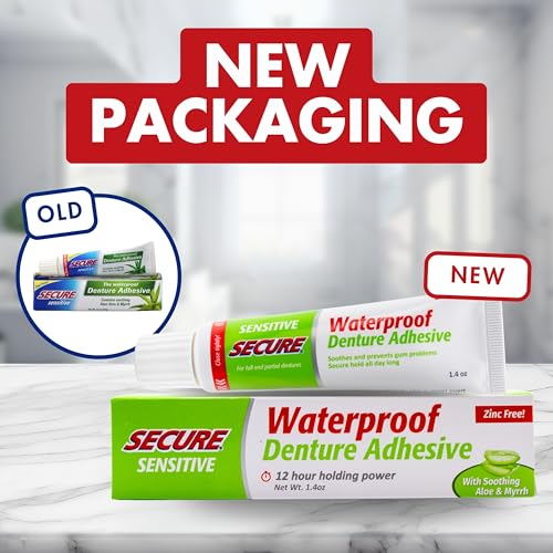 Sensitive Denture Adhesive with Aloe Vera & Myrrh – 12-Hour Max Hold – Patented Waterproof Seal – for All Denture Types – Food Grade Ingredients – FSA HSA Approved – 1.4 oz