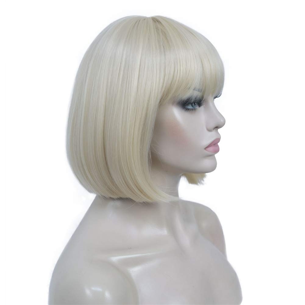 Short Straight Bob Wig Cute Flat Bangs Synthetic Full Women Wigs(613-Pale Blonde)