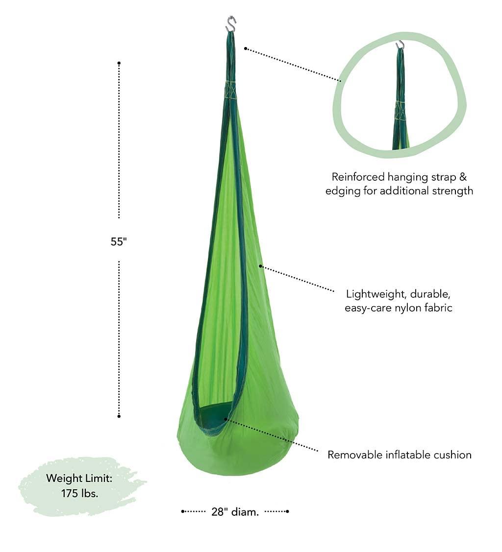 HugglePod Lite Indoor Outdoor Hanging Hammock Chair, Durable Lightweight Nylon with Reinforced Hanging Strap, Max Weight 175 LBS, 64 H x 24 W - Green