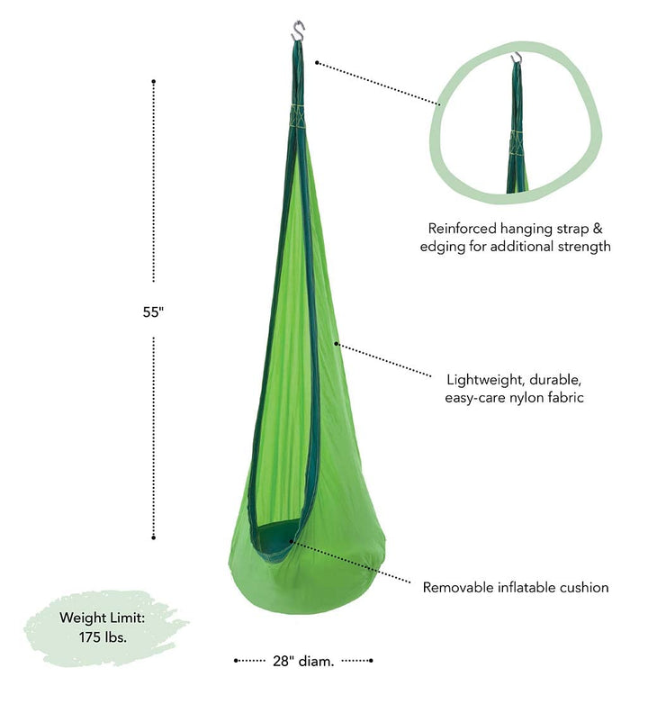 HugglePod Lite Indoor Outdoor Hanging Hammock Chair, Durable Lightweight Nylon with Reinforced Hanging Strap, Max Weight 175 LBS, 64 H x 24 W - Green