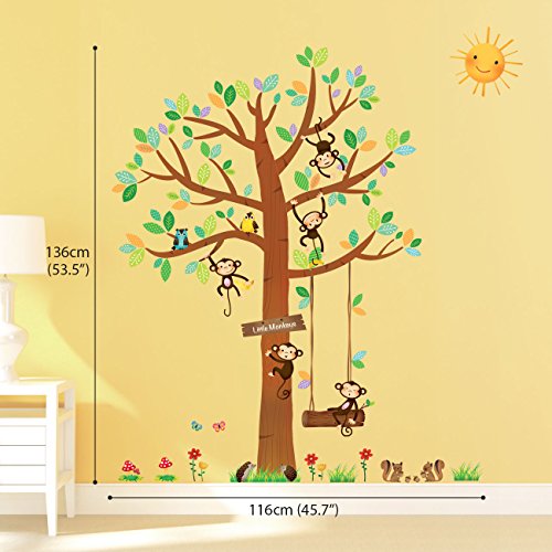 SG-1401P1402 9 Little Monkeys Tree and Height Growth Chart Kids Wall Stickers Wall Decals Peel and Stick Removable Wall Stickers for Kids Nursery Bedroom Living Room