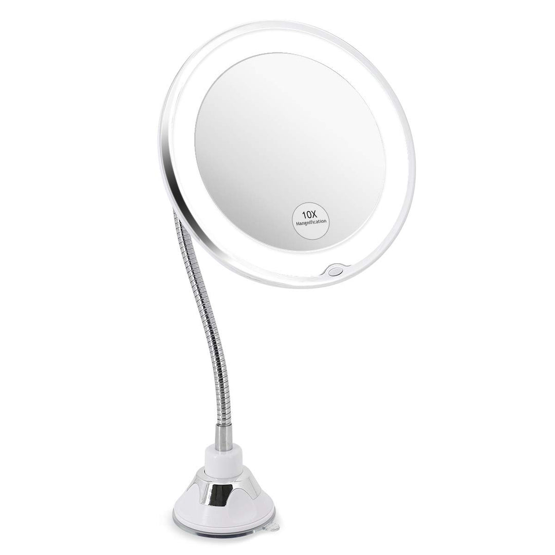 Glam hobby Led 10X Magnifying Makeup Mirror Lighted Vanity Bathroom Round Mirror with 360 Degree Swivel Rotation, Flexible Gooseneck, and Locking Suction