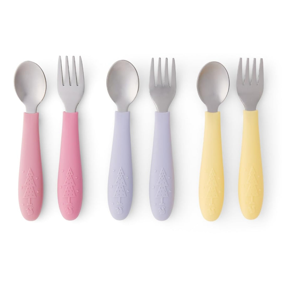 Kids Silverware with Silicone Handle | Childrens Safe Flatware | Toddler Utensils | Baby Spoons + Forks | Stainless Steel Cutlery