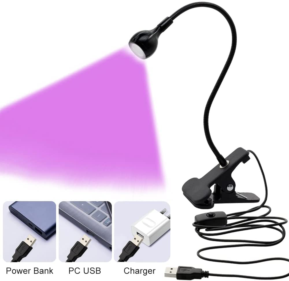 UV USB LED Blacklight Gooseneck Lamp | Uses: Apres Gel x Nail Tips, Detection of Satin, Black Light Fluorescent Paint, UV Gel Nails, and Ultra Violet curing |Clamp Fixtures, and Just Plug & Play| Unas
